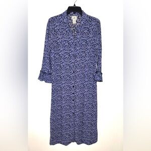 Vintage April Cornell Purple Floral Midi Shirt Dress S Ruffle sleeves Tie back